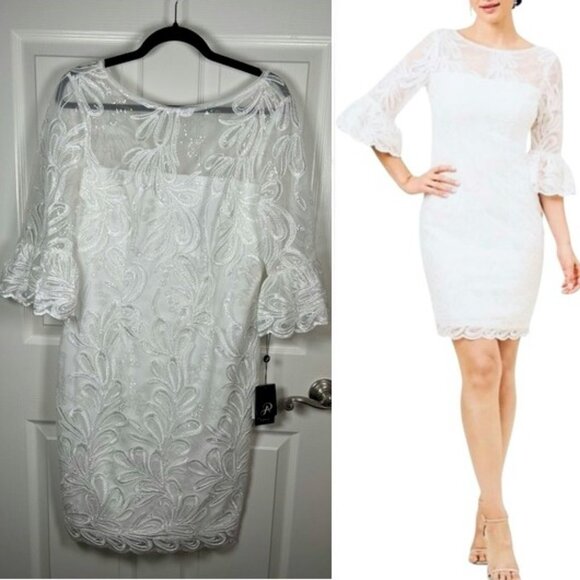 Adrianna Papell Soutache Embroidered Flare Sleeve White Sheath Dress Size 8 NWT - Picture 1 of 13